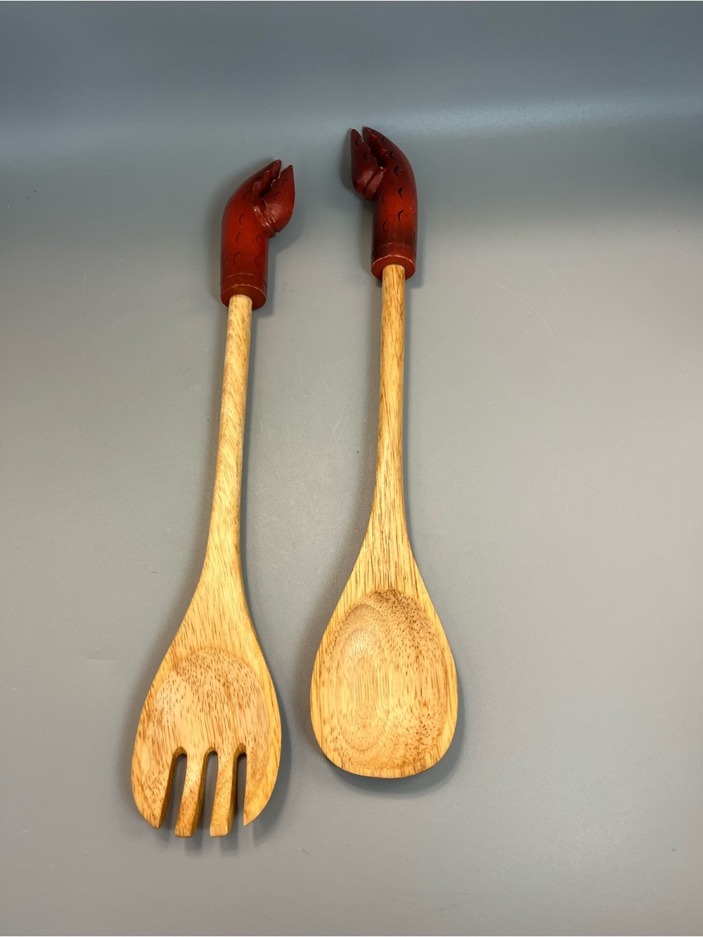 Lobster Crab Claw Wood Salad Servers Fork Spoon Hand Carved & Painted Utensils